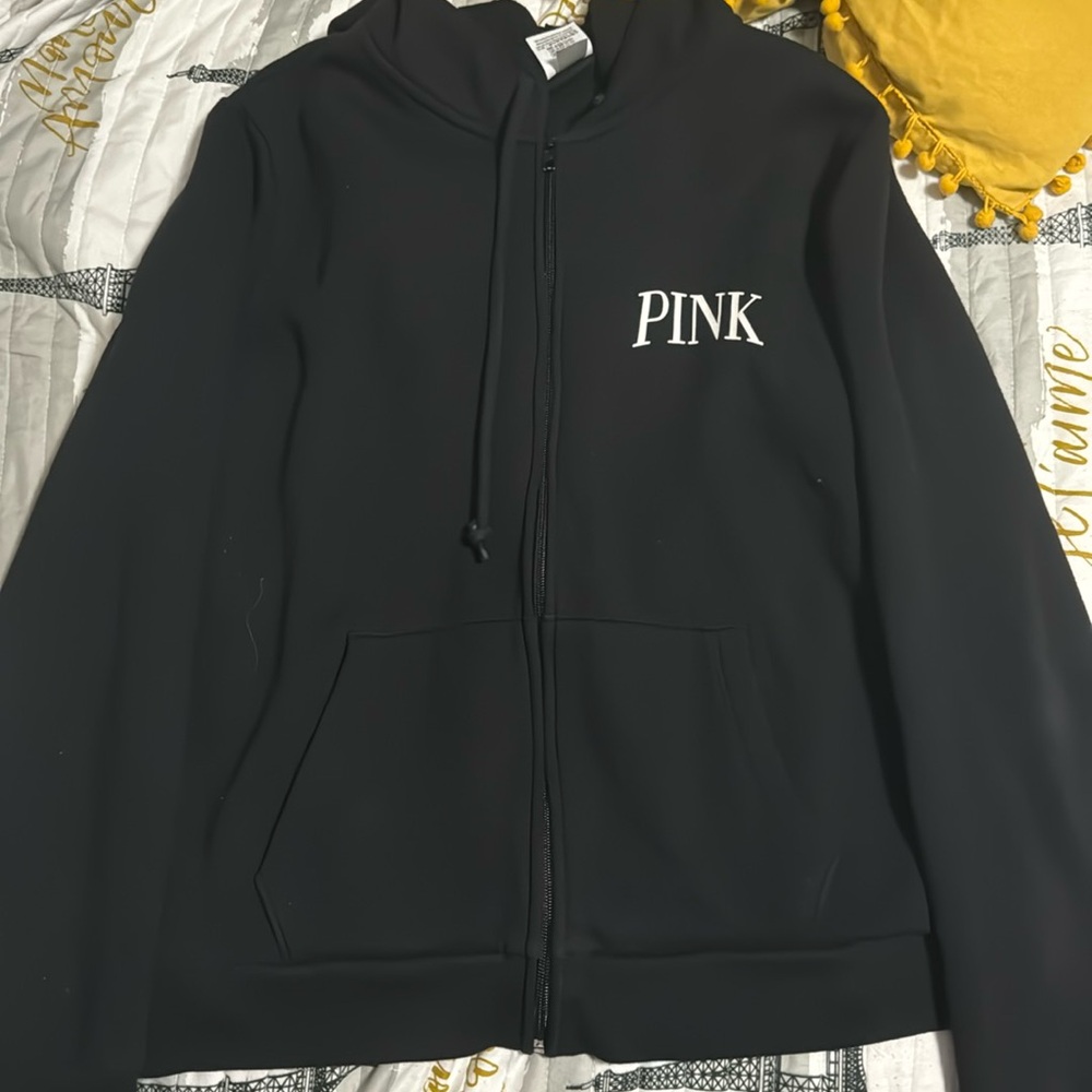 PINK Black hoodie , 2 front pocket, back design, zips- large - Picture 2 of 4
